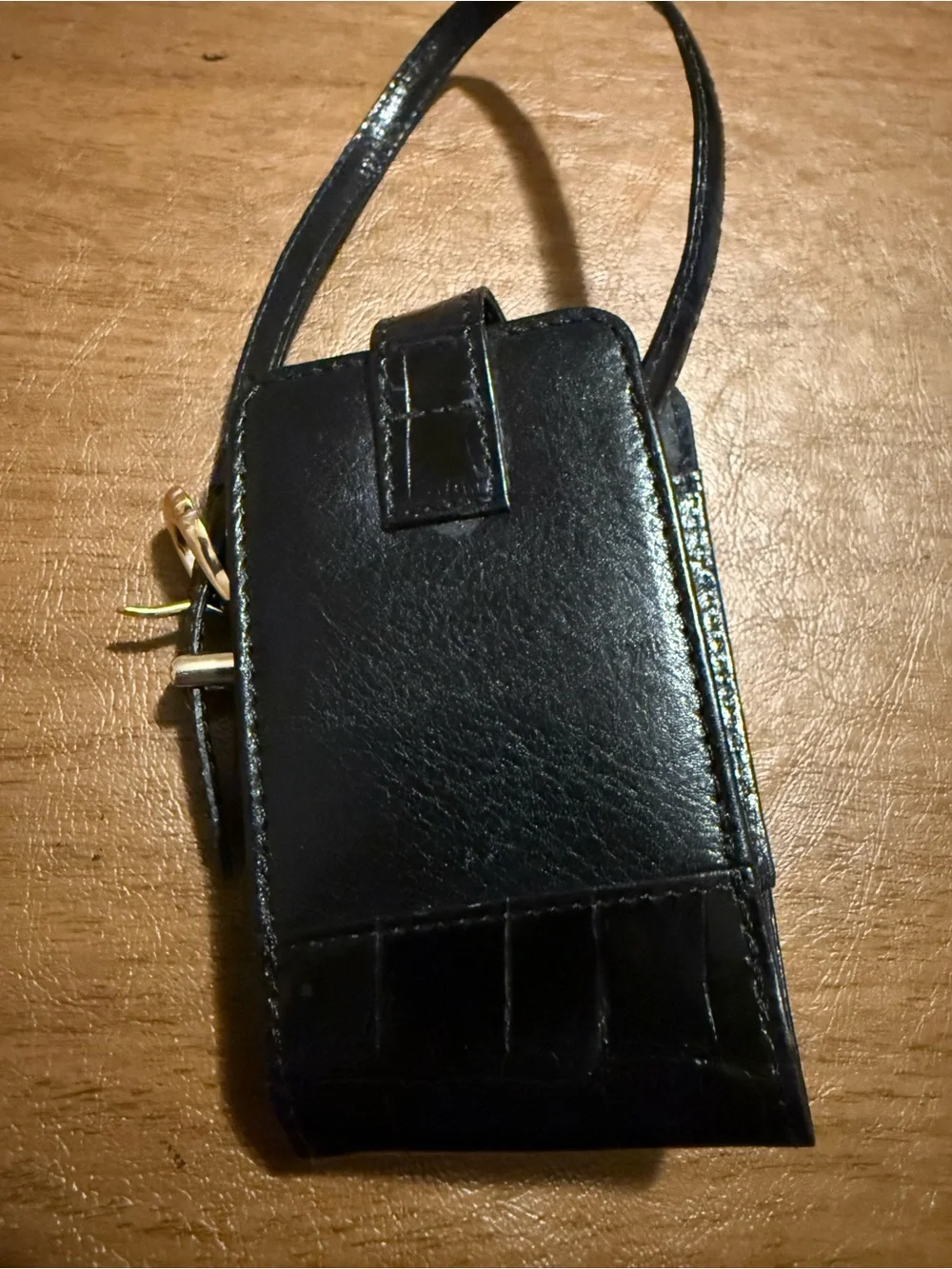 Black Leather Wristlet Phone Pouch with Heart Accent